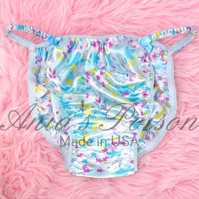 Floral Blue spring Ania's Poison Cut sissy MENS SATIN Beautiful Shiny Silky wet look Mens string Bikini panties S-Xl Easter Print