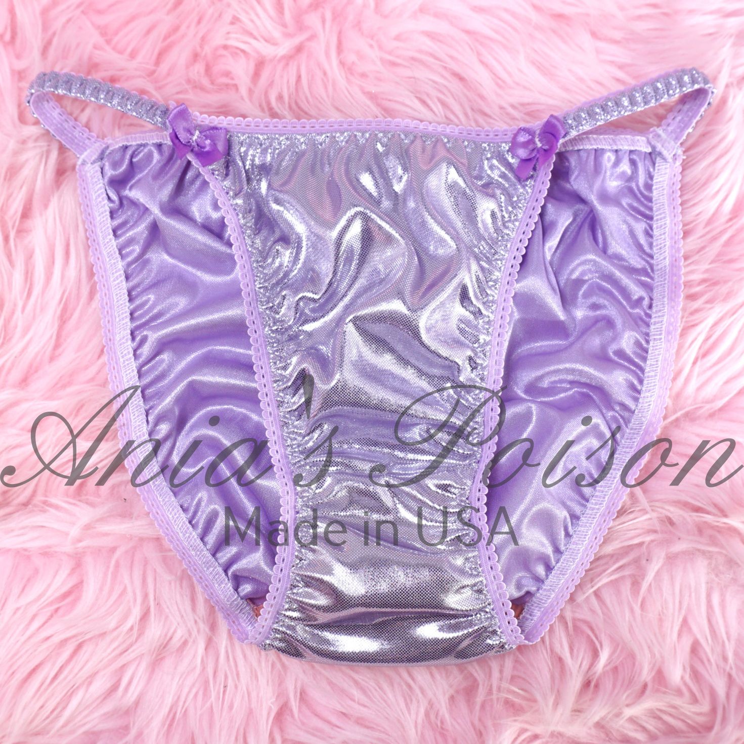 Ladies Lace Duchess cut String Bikini Soft Lilac Easter shiny metallic foil Panties  size 5- 9