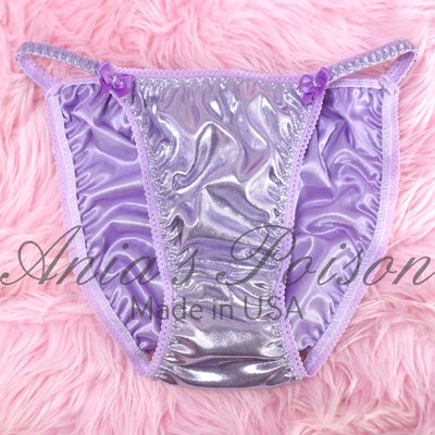 Ladies Lace Duchess cut String Bikini Soft Lilac Easter shiny metallic foil Panties  size 5- 9
