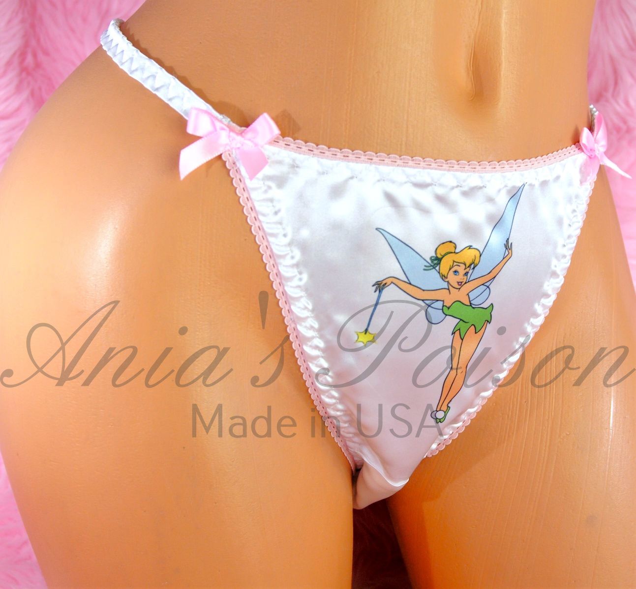 Sissy Satin Fairy Panties - Tinkerbell Fairy Princess print Satin Shiny Wetlook String Bikini - Men's & Women's - 3 Cut Options!