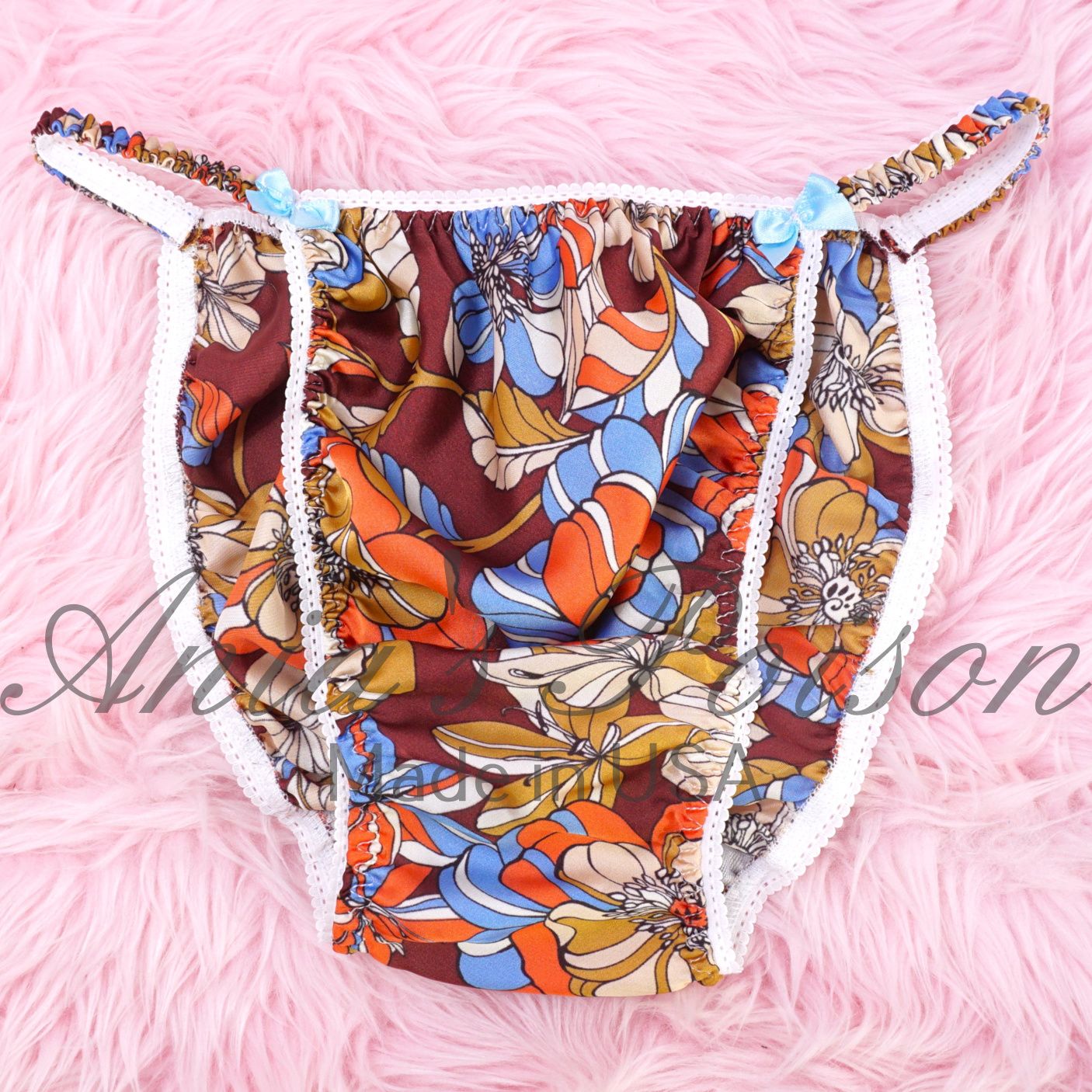 Ania's Poison summer floral Hawaiian Hippie print 100% polyester SATIN string bikini sissy mens underwear panties