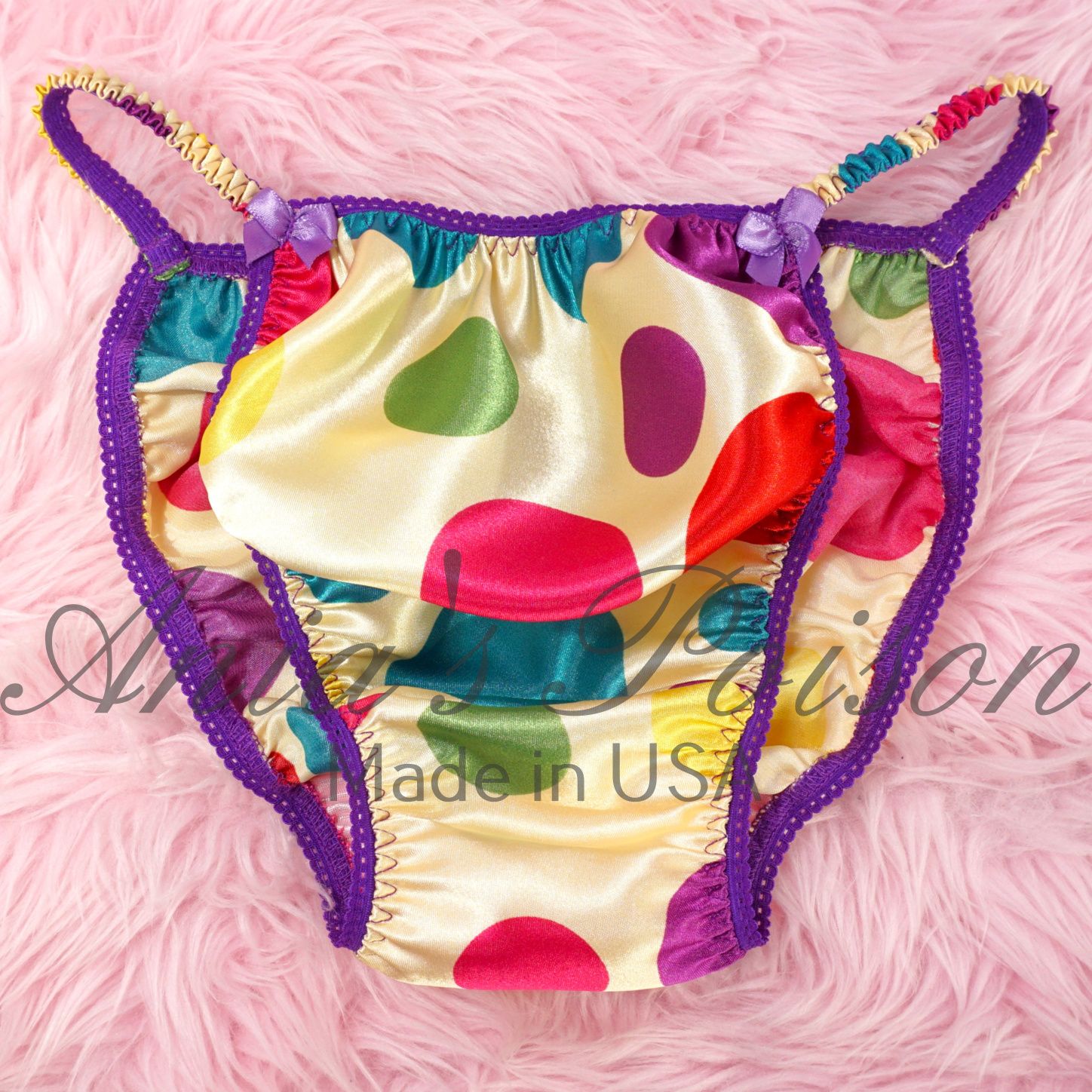 Rainbow Dot Ania's Poison Cut sissy MENS SATIN Beautiful Shiny Silky wet look Mens string Bikini panties S-XXL Bandeau Set