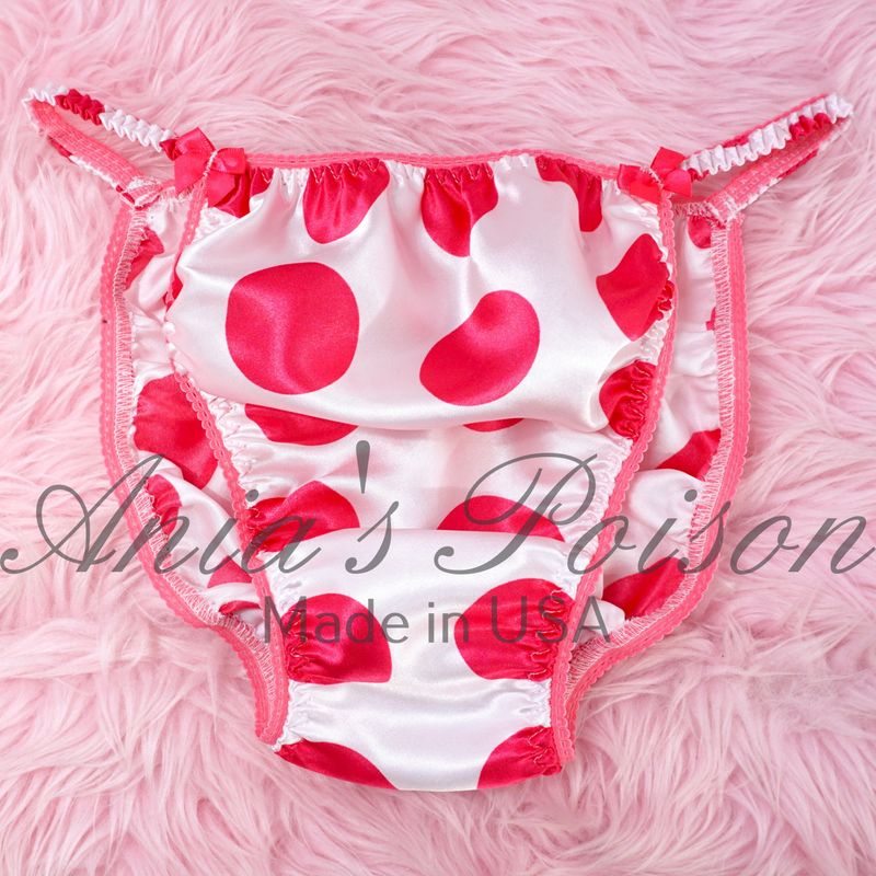 HOT PINK DOT Ania's Poison Cut sissy MENS SATIN Beautiful Shiny Silky wet look Mens string Bikini panties S-XXL Bandeau Set