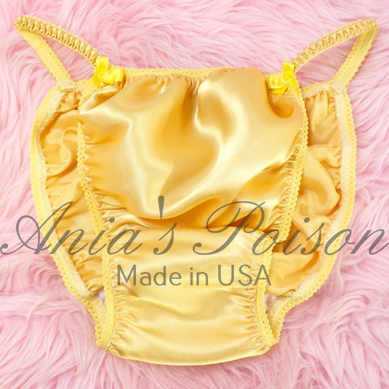 Ania's Poison Cut Panties sissy MENS SATIN Golden Yellow Shiny Silky wet look Mens string Bikini panties S-XXL Bandeau Set