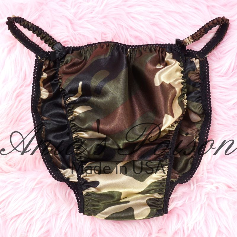 Ania's Poison Cut Panties sissy MENS SATIN CAMO PRINT Shiny Silky wet look Mens string Bikini panties S-XXL Bandeau Set