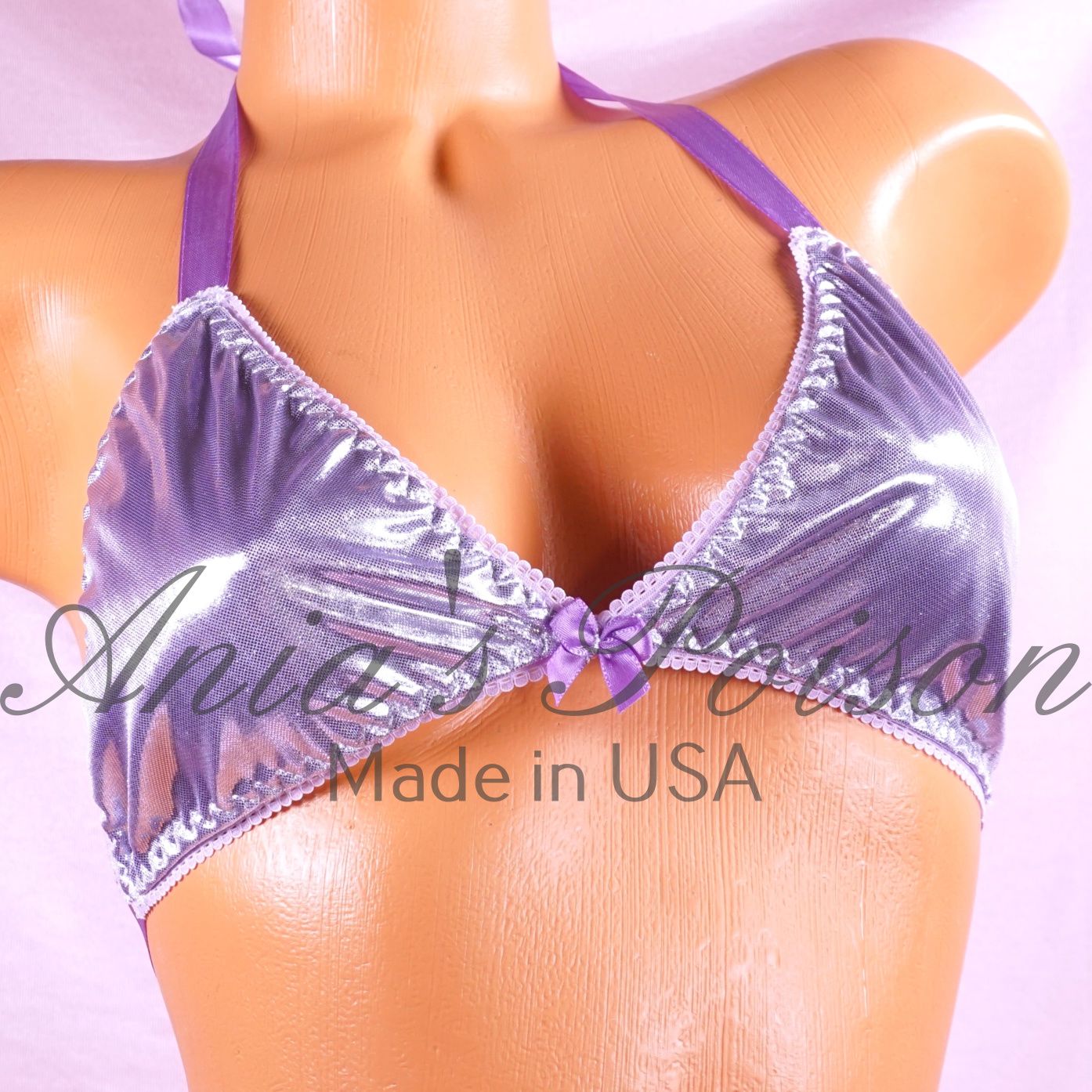 Lilac Foil Shiny wetlook lined tie up halter triangle OS bra Lilac Foil Shiny wetlook lined tie up halter triangle OS bra