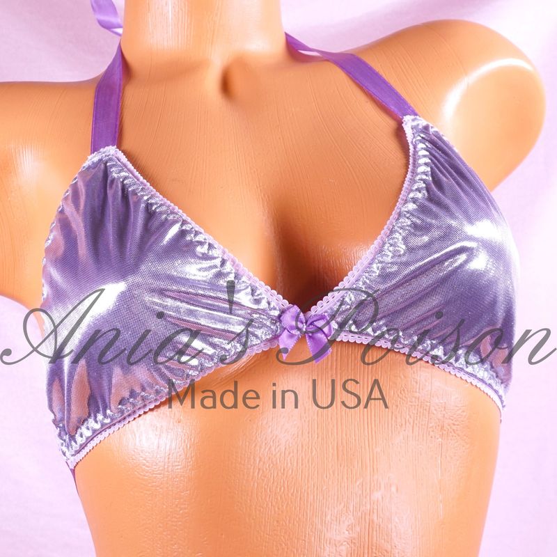 Lilac Foil Shiny wetlook lined tie up halter triangle OS bra