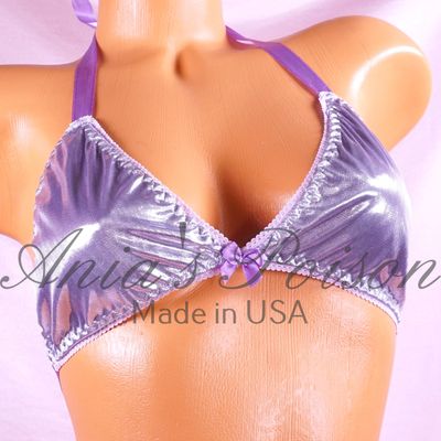 Lilac Foil Shiny wetlook lined tie up halter triangle OS bra Lilac Foil Shiny wetlook lined tie up halter triangle OS bra