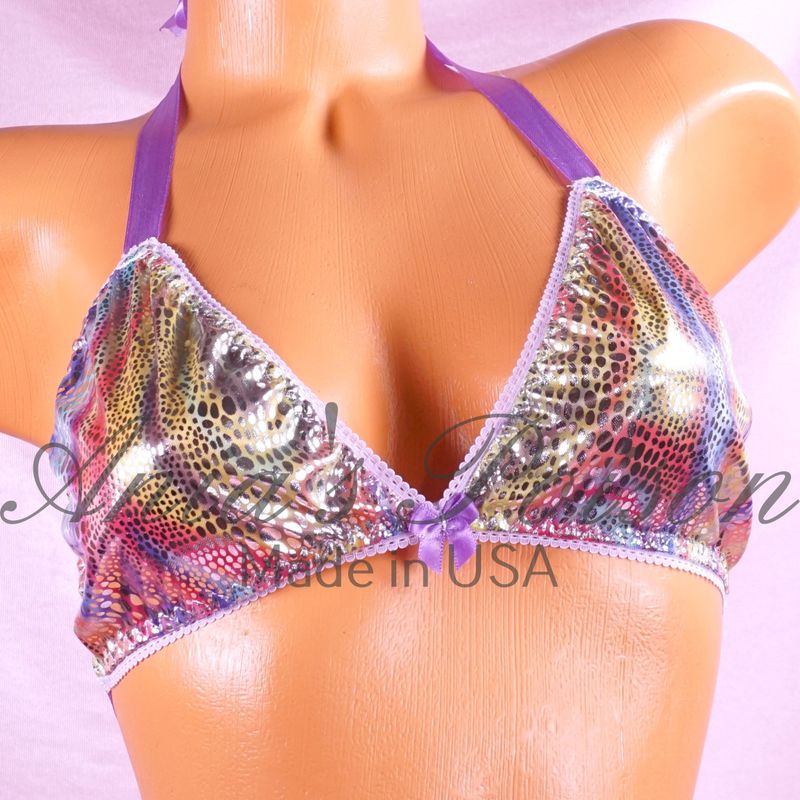 Pastel rainbow easter Foil Shiny wetlook lined tie up halter triangle OS bra