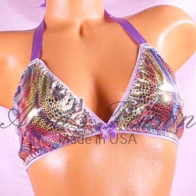 Pastel rainbow easter Foil Shiny wetlook lined tie up halter triangle OS bra