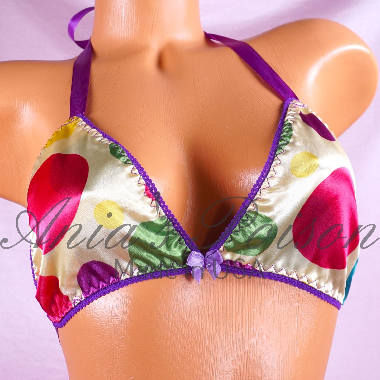 Polka Dot Easter rainbow Shiny SATIN wetlook lined tie up halter triangle OS bra