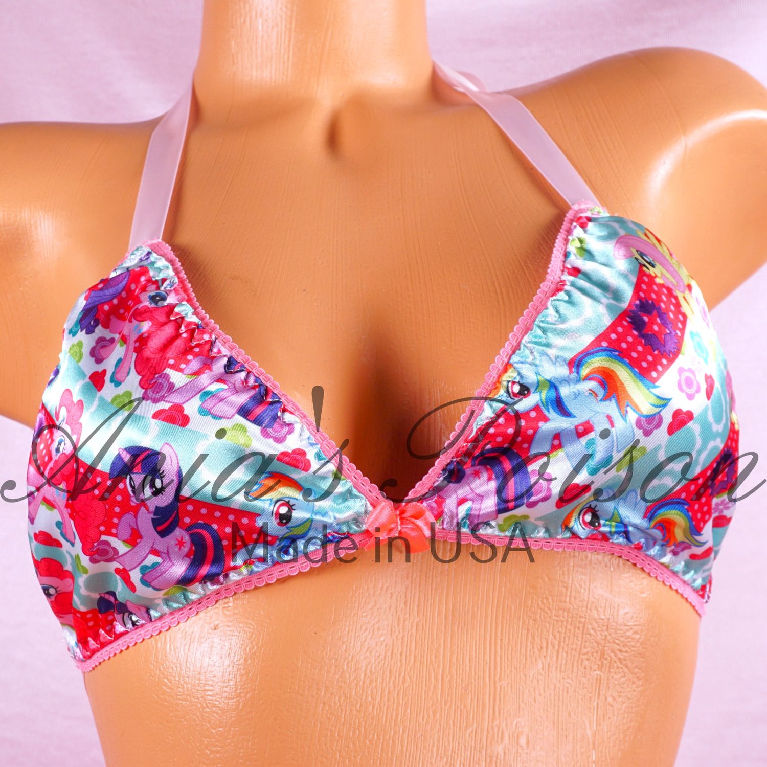 My little pony Shiny SATIN wetlook lined tie up halter triangle OS bra