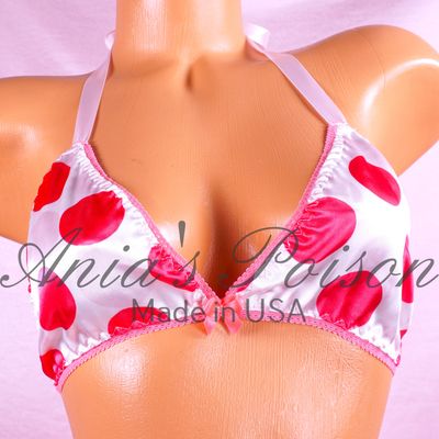 Polka Dot HOT PINK and white Shiny SATIN wetlook lined tie up halter triangle OS bra