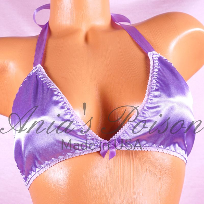 lilac wetlook Satin Triangle SATIN tie up halter triangle OS bra