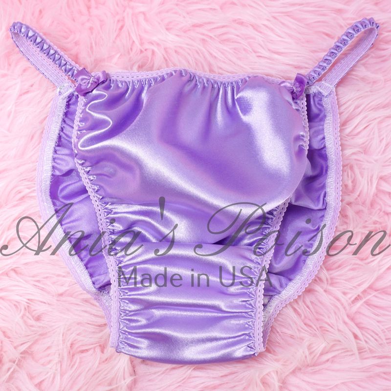 Ania's Poison Cut Panties sissy MENS SATIN pastel lilac purple Shiny Silky wet look Mens string Bikini panties S-XXL Bandeau Set