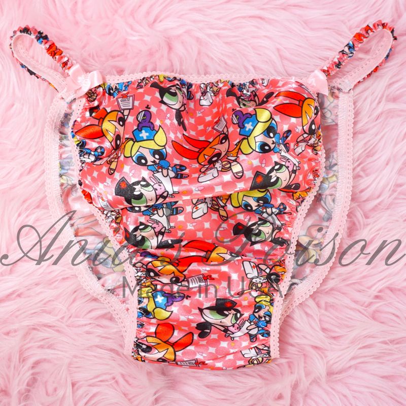 Satin Mens Sissy My little power puff girls 100% polyester string bikini mens underwear panties S - XXL ponies