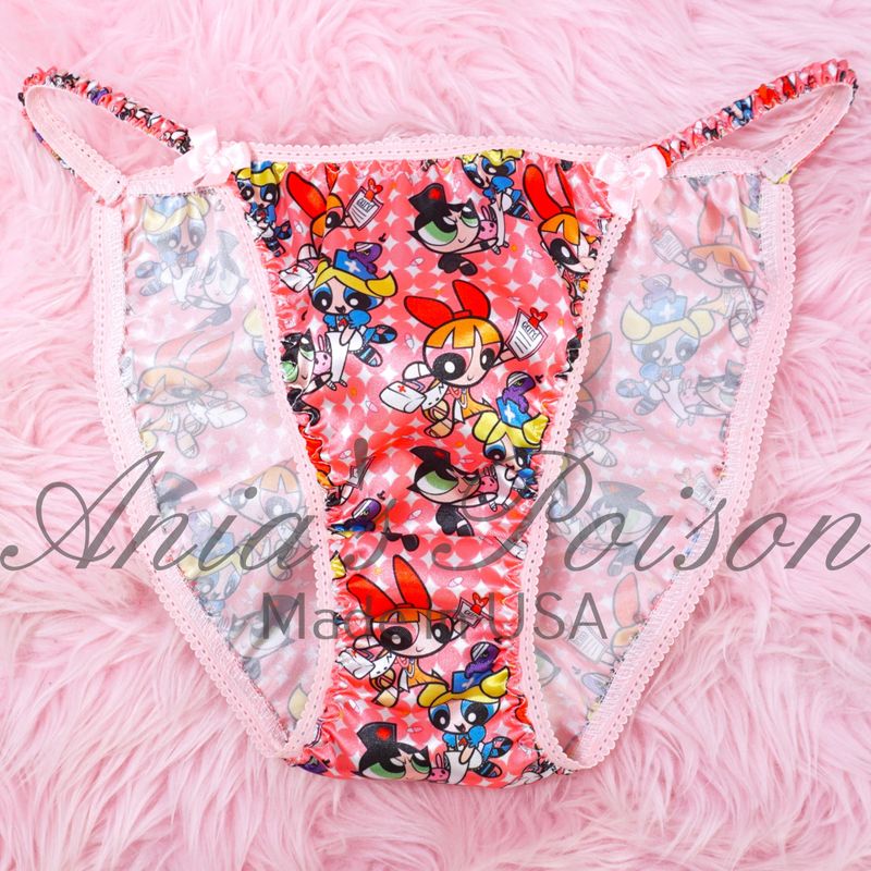 Lace Duchess Classic 80's cut Panties Beautiful Pink Power Puff Girls Character silky satin panties - String bikini 6 - 8