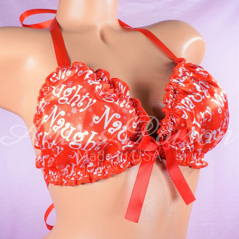 Christmas Ruffled super shiny SATIN lined NAUGHTY Red tie up halter triangle mens OS bra