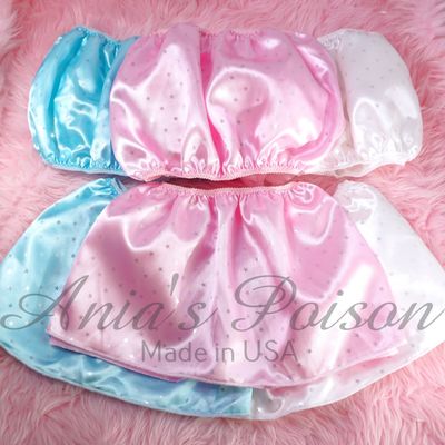 Pink White Blue Stars Print Ania's Poison Sissy men's SATIN wetlook matching 100% polyester silky soft Bandeau Bra and/or mini Skirt OS