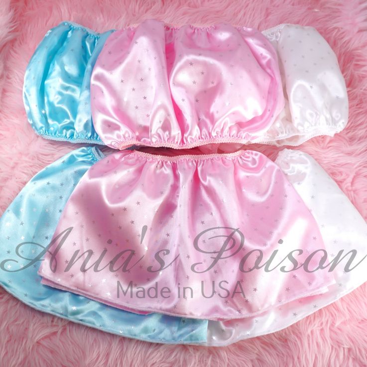 Pink White Blue Stars Print Ania's Poison Sissy men's SATIN wetlook matching 100% polyester silky soft Bandeau Bra and/or mini Skirt OS
