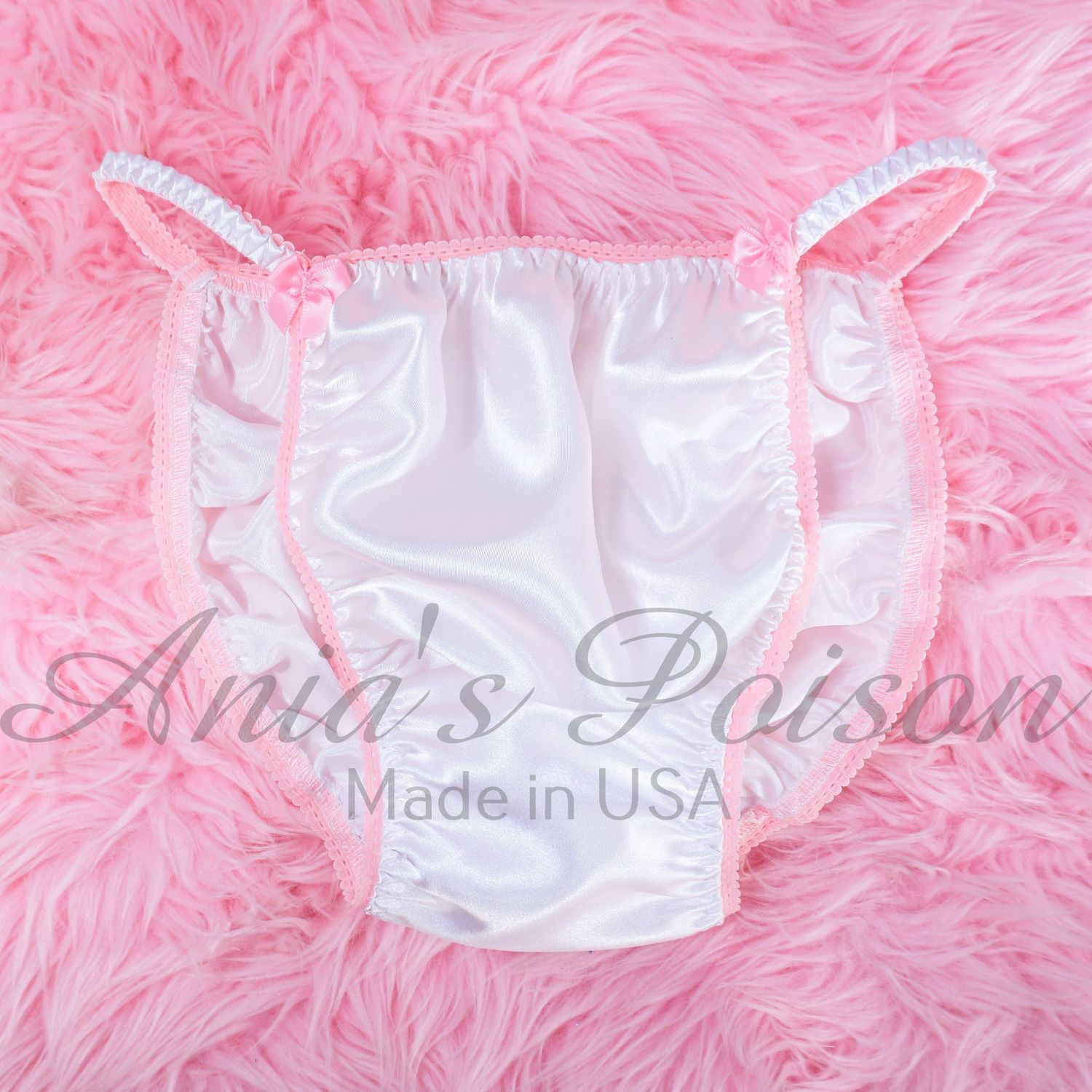 Ania's Poison MANties S - XXL shiny Rare 100% polyester string bikini sissy mens underwear panties - White w Pink trim