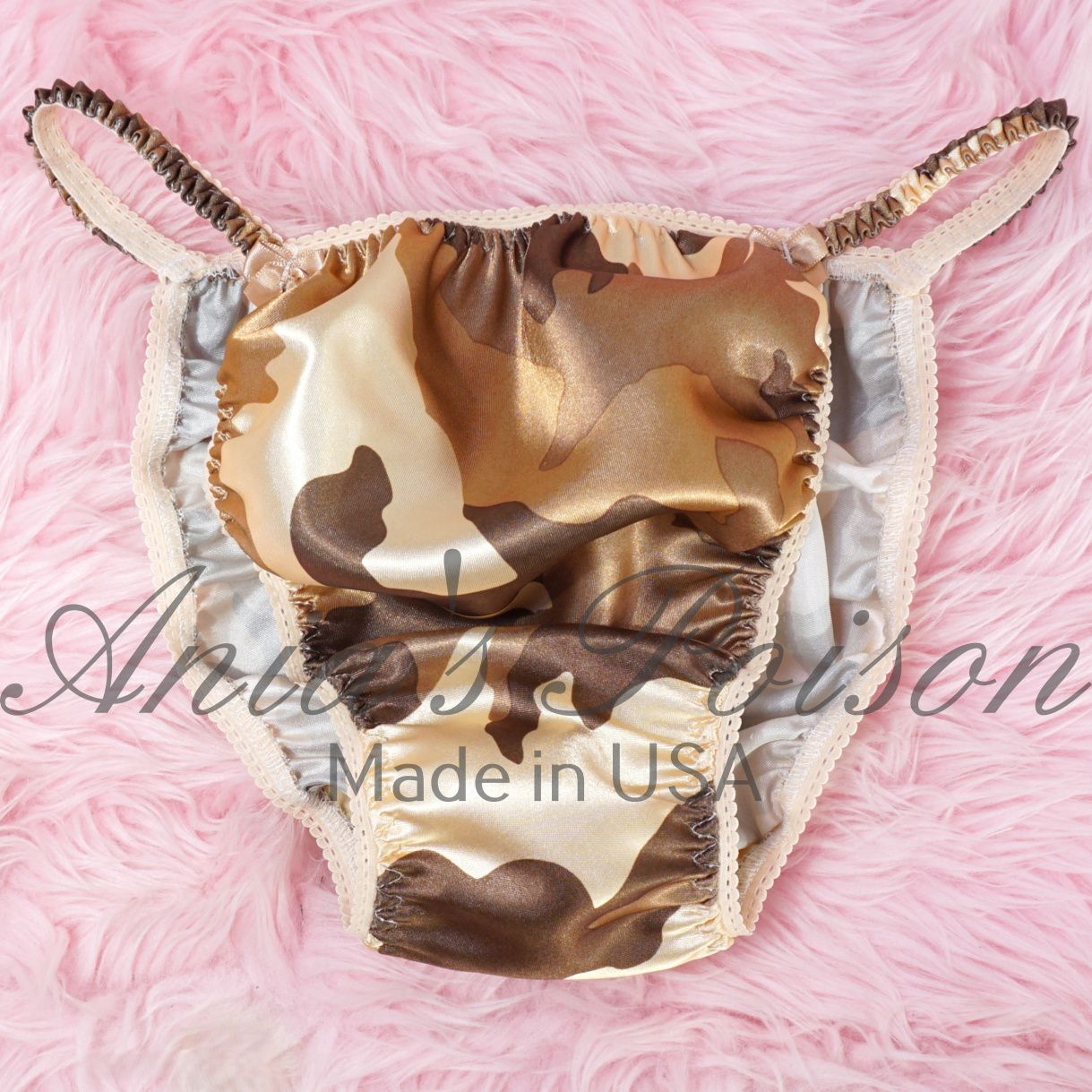 Ania's Poison Cut Panties sissy MENS SATIN CAMO PRINT Shiny Silky wet look Mens string Bikini panties S-XXL Bandeau Set