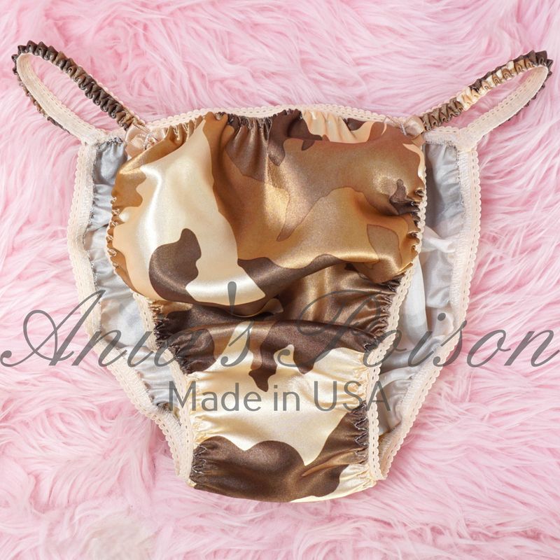 Ania's Poison Cut Panties sissy MENS SATIN CAMO PRINT Shiny Silky wet look Mens string Bikini panties S-XXL Bandeau Set