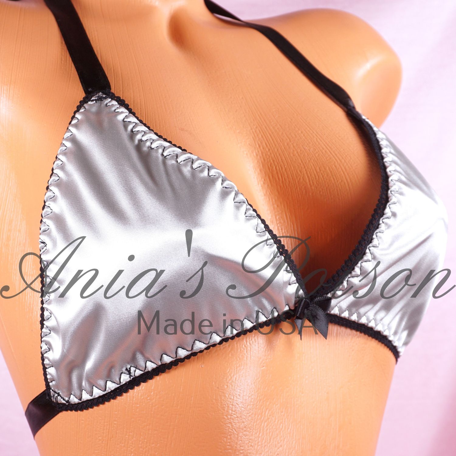 Silver wetlook Satin Triangle SATIN tie up halter triangle OS bra