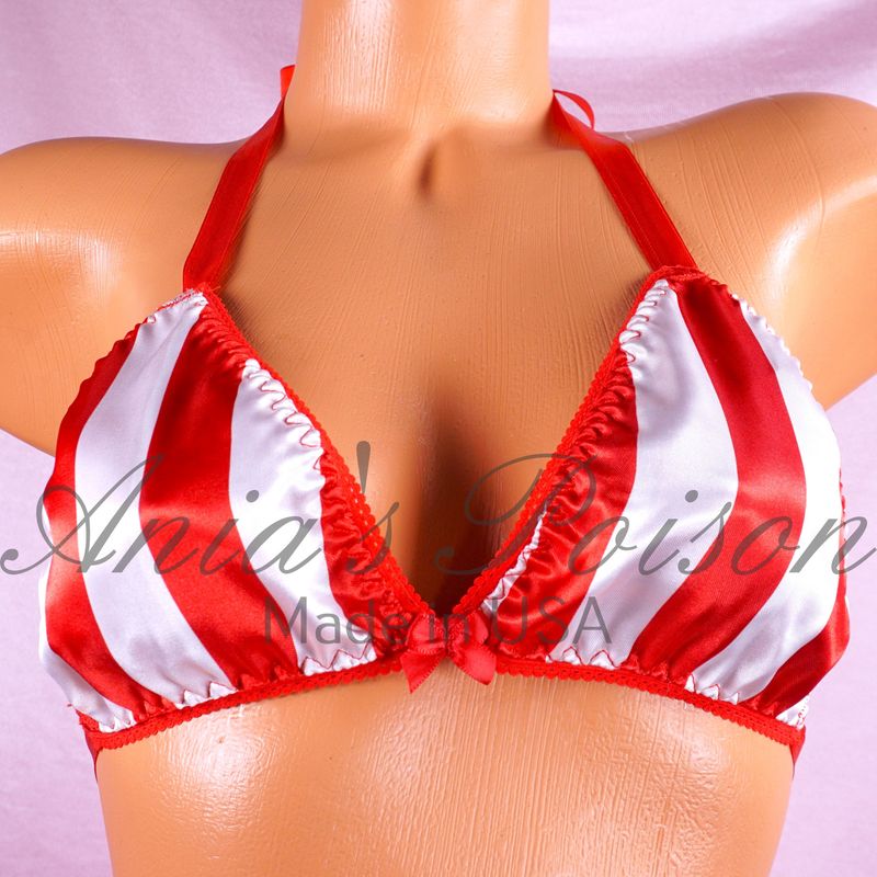 red white striped Christmas wetlook Satin Triangle SATIN tie up halter triangle OS bra