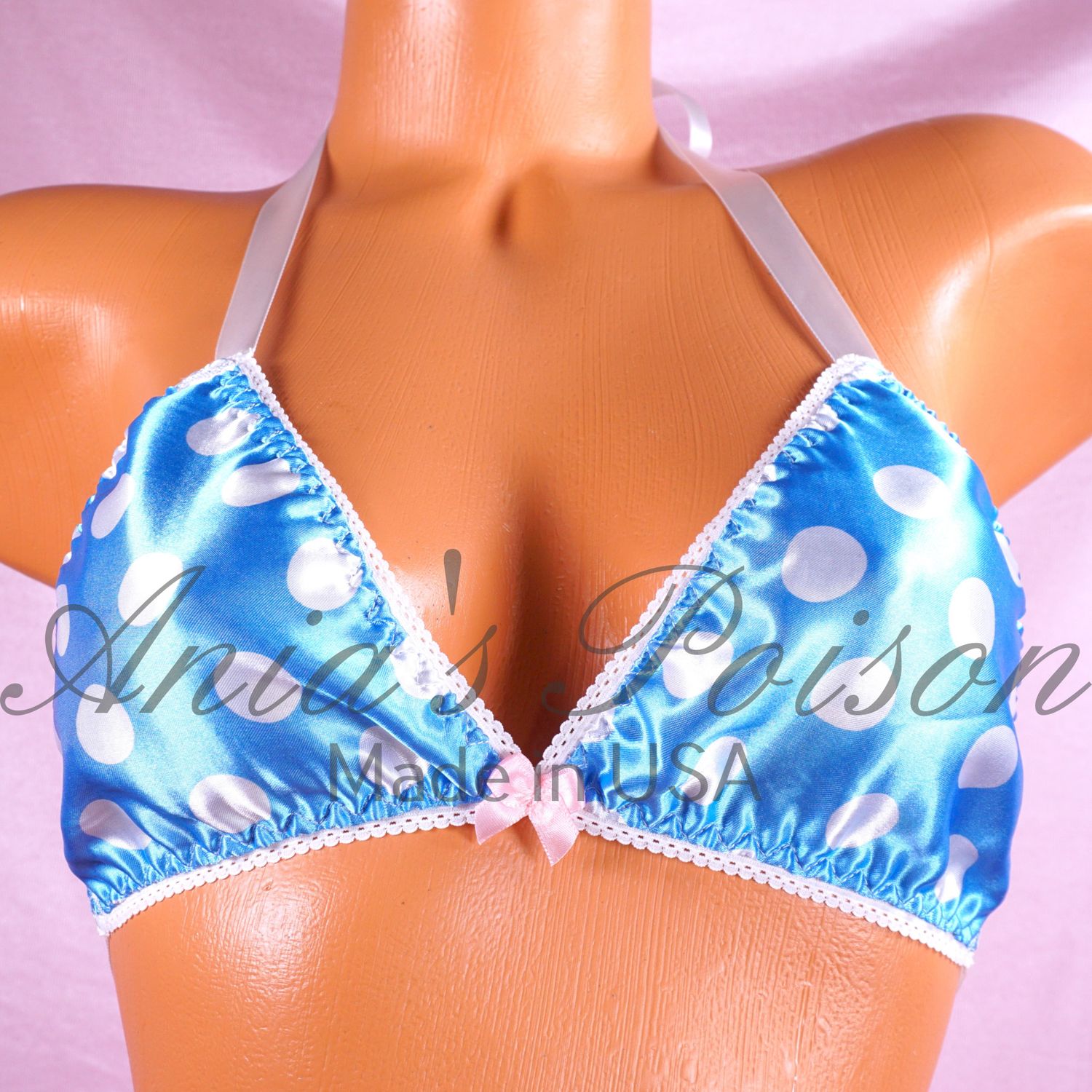 baby blue dot matching wetlook Satin Triangle SATIN tie up halter triangle OS bra