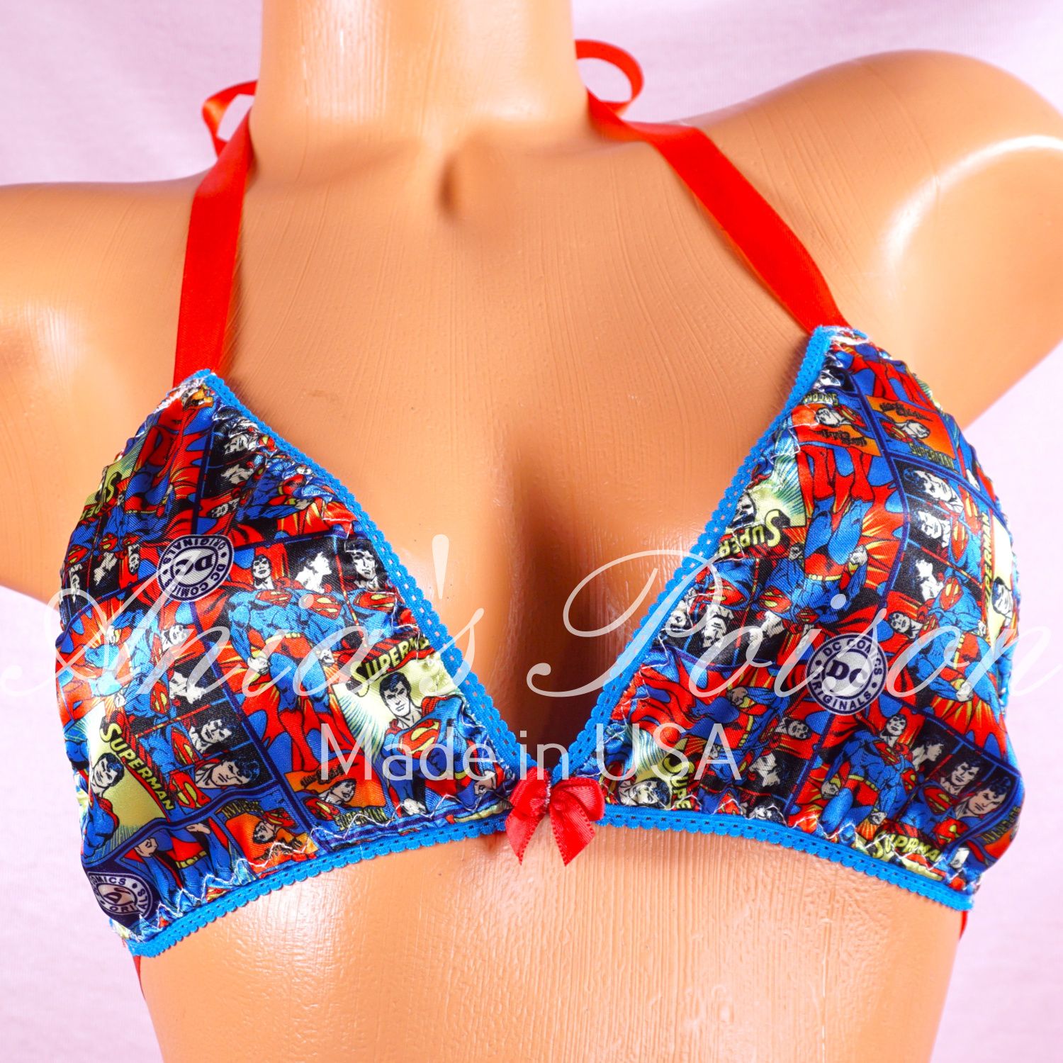 Superman! limited edition  wetlook Satin Triangle SATIN tie up halter triangle OS bra