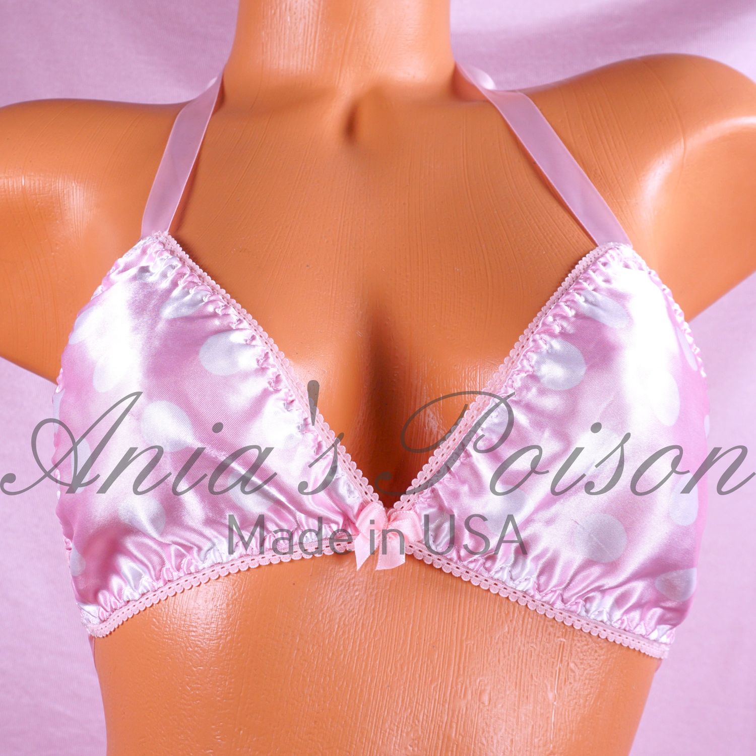 baby pink dot matching wetlook Satin Triangle SATIN tie up halter triangle OS bra