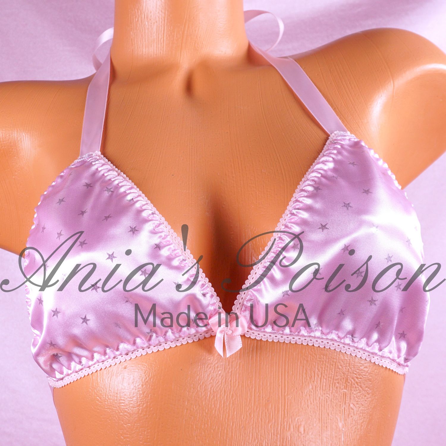 baby pink stars print matching wetlook Satin Triangle SATIN tie up halter triangle OS bra