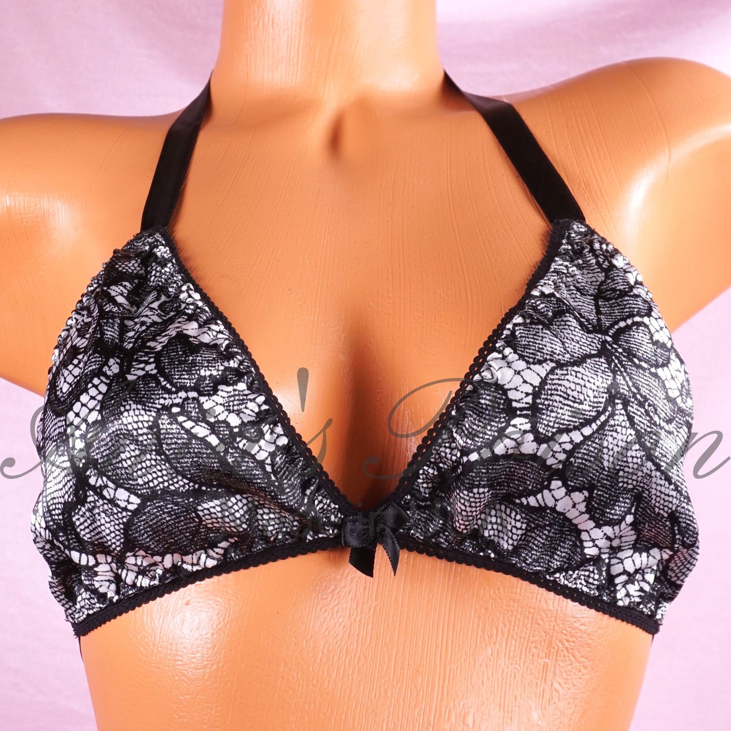 black white lace print matching wetlook Satin Triangle SATIN tie up halter triangle OS bra