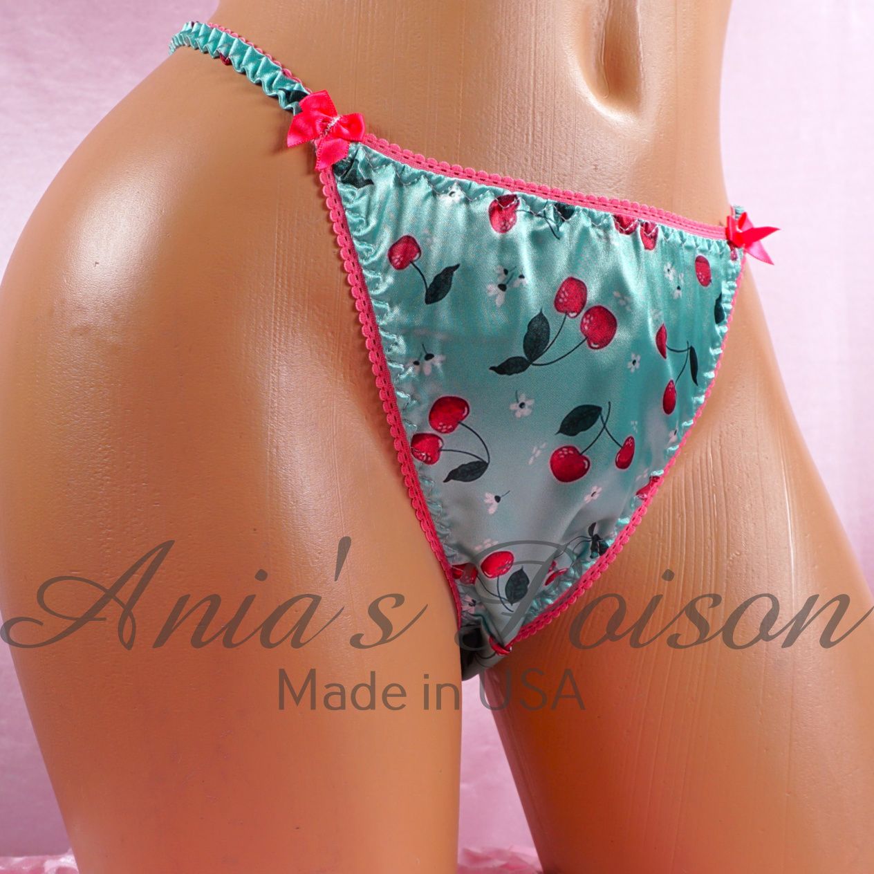Lace Duchess Classic 80's cut Cherry print RARE Satin Spring edition wet look Vintage Style string bikini sz 6 7 8