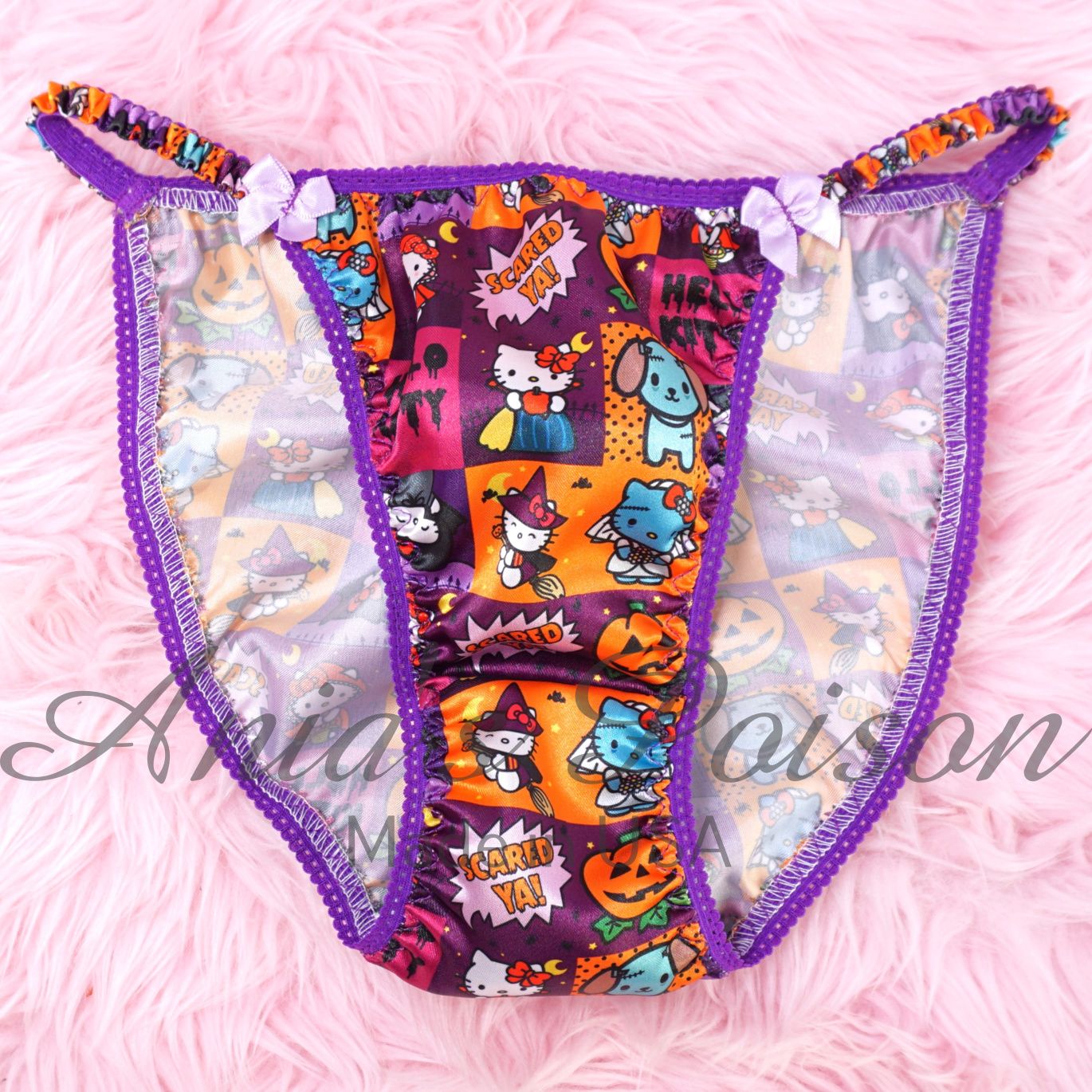 Halloween Lace Duchess Classic 80's cut Purple Cat satin wet look ladies string bikini panties sz  5 6 7 8 9
