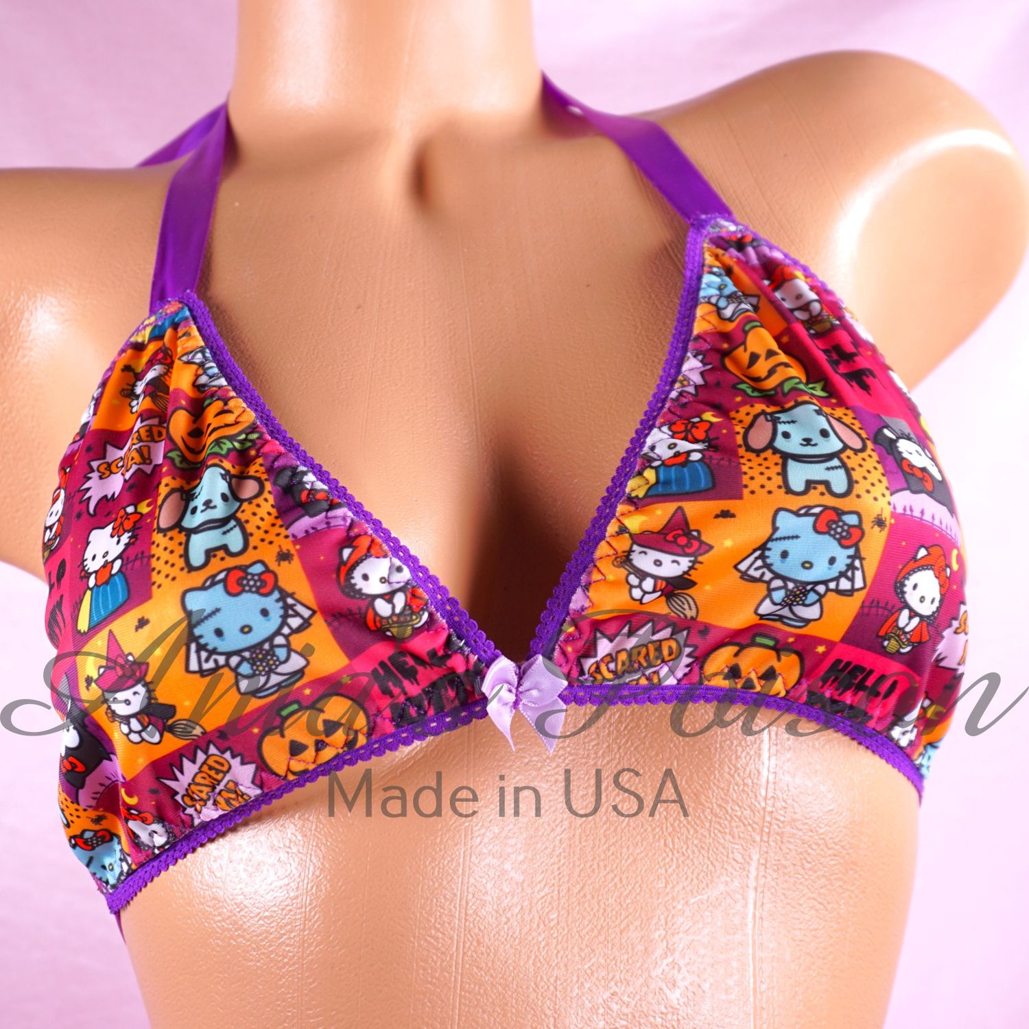 Spandex Halloween Bra Purple Cats unisex tie up halter triangle OS bra