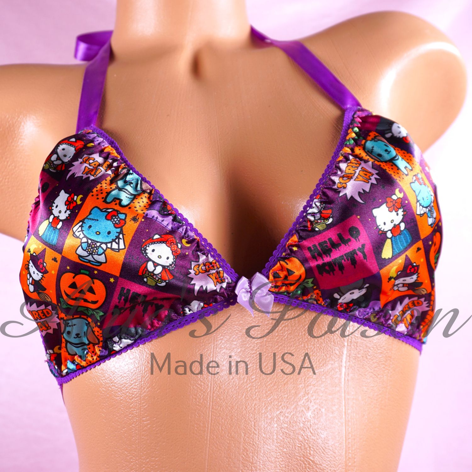 Satin Halloween Bra Purple Cats unisex tie up Satin lined halter triangle OS bra