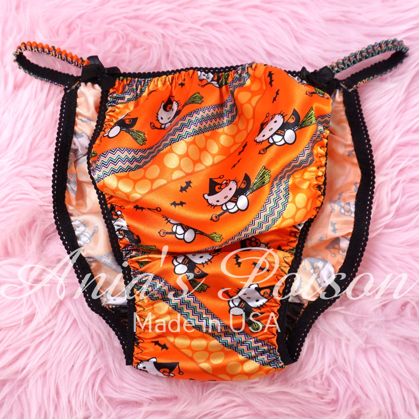 Satin Panties for Men Halloween Orange Witch kitty Cat 100% polyester SATIN string bikini panties Ania's poison Cut