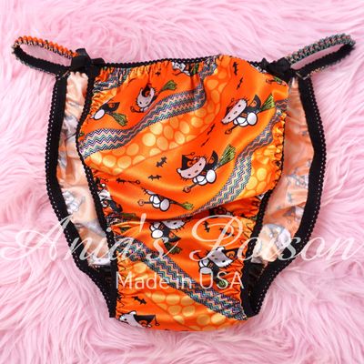 Satin Panties for Men Halloween Orange Witch kitty Cat 100% polyester SATIN string bikini panties Ania's poison Cut