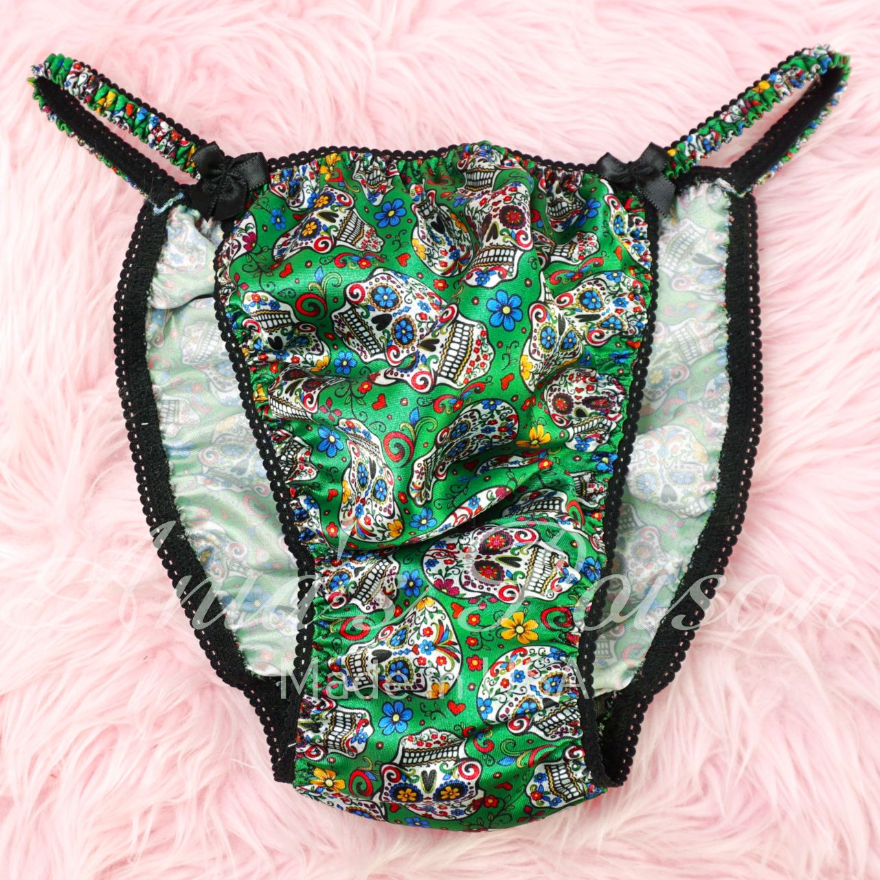 Satin Panties for Men Halloween Print Green Sugar Skulls 100% polyester SATIN string bikini panties Ania's poison Cut
