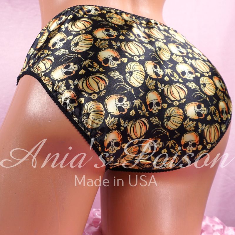 Halloween Classic 80's cut Skull Pumpkin print New Full CUT All satin Black Yellow wet look ladies panties sz M L XL