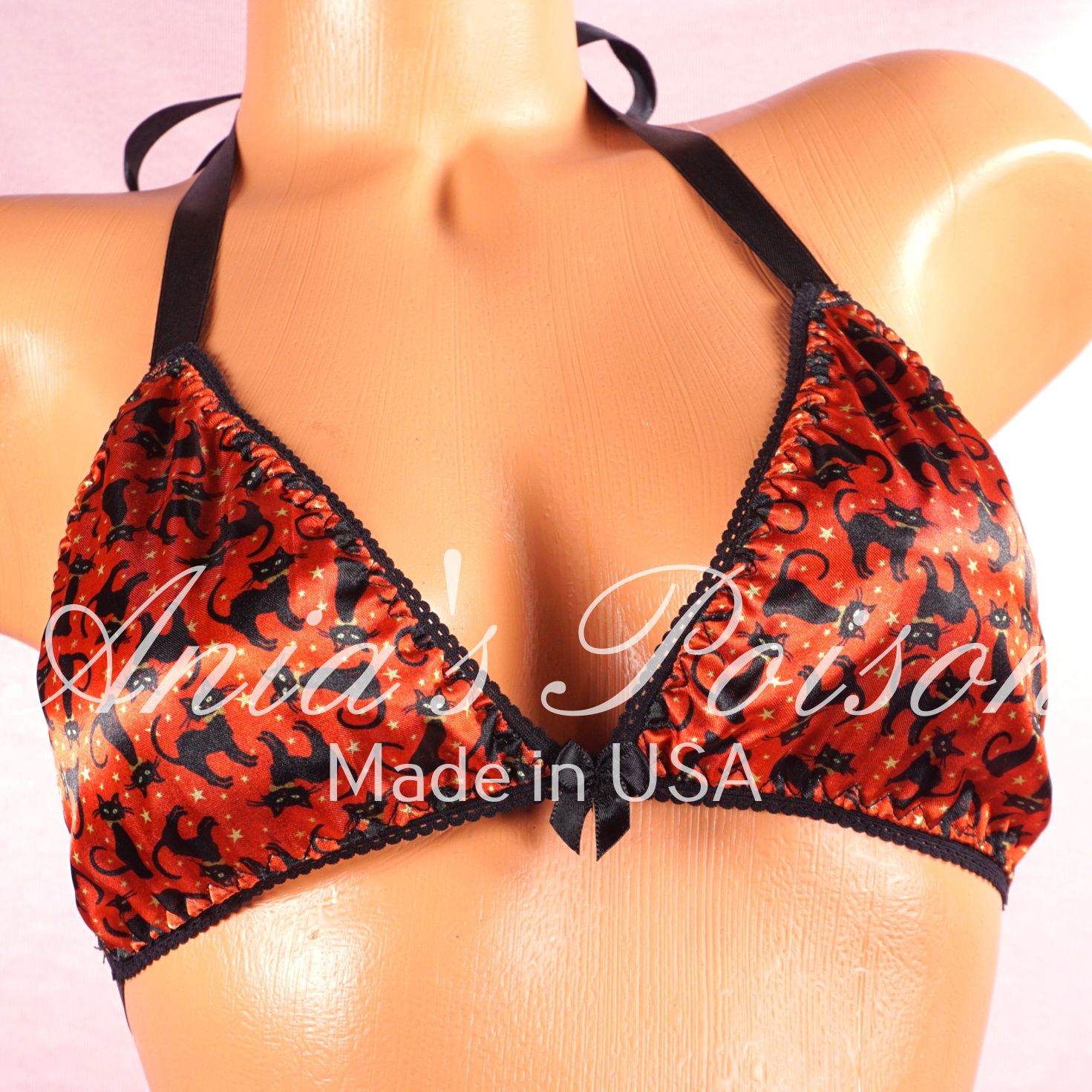 Satin Halloween Bra Black Cats unisex tie up Orange Satin lined halter triangle OS bra