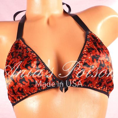 Satin Halloween Bra Black Cats unisex tie up Orange Satin lined halter triangle OS bra