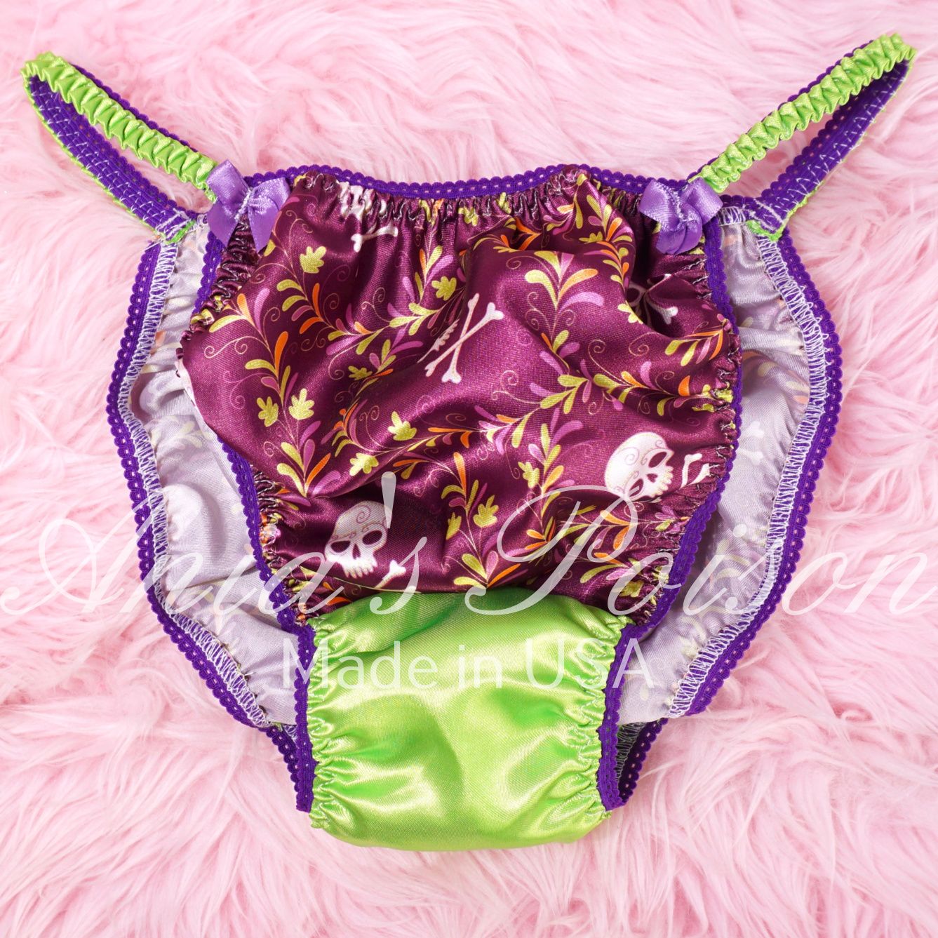 Satin Panties for Men Halloween Print Purple Green Witchy 100% polyester SATIN string bikini panties Ania's poison Cut S- XXL