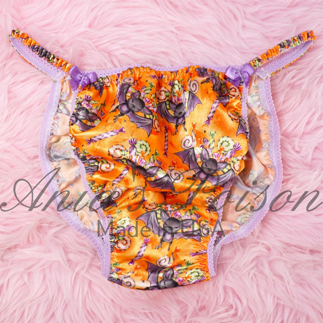 Satin Panties for Men Halloween Print Orange purple Bats 100% polyester SATIN string bikini panties Ania's poison Cut S- XXL bras and skirts Satin Panties for Men Halloween Print Orange purple Bats 100% polyester SATIN string bikini panties Ania's poison Cut S- XXL bras and skirts