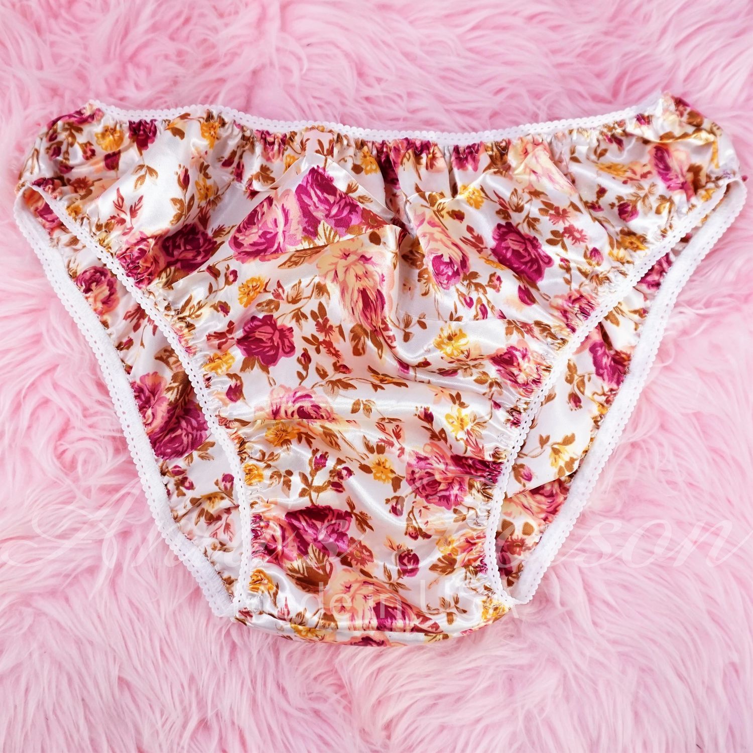 Anias Poison Full bikini cut Magenta Roses Soft Floral satin lined SISSY panties for men MANTIES sz S - XXL