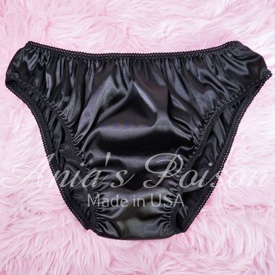Anias Poison Full bikini cut BLACK Soft satin lined SISSY panties for men MANTIES sz S - XXL