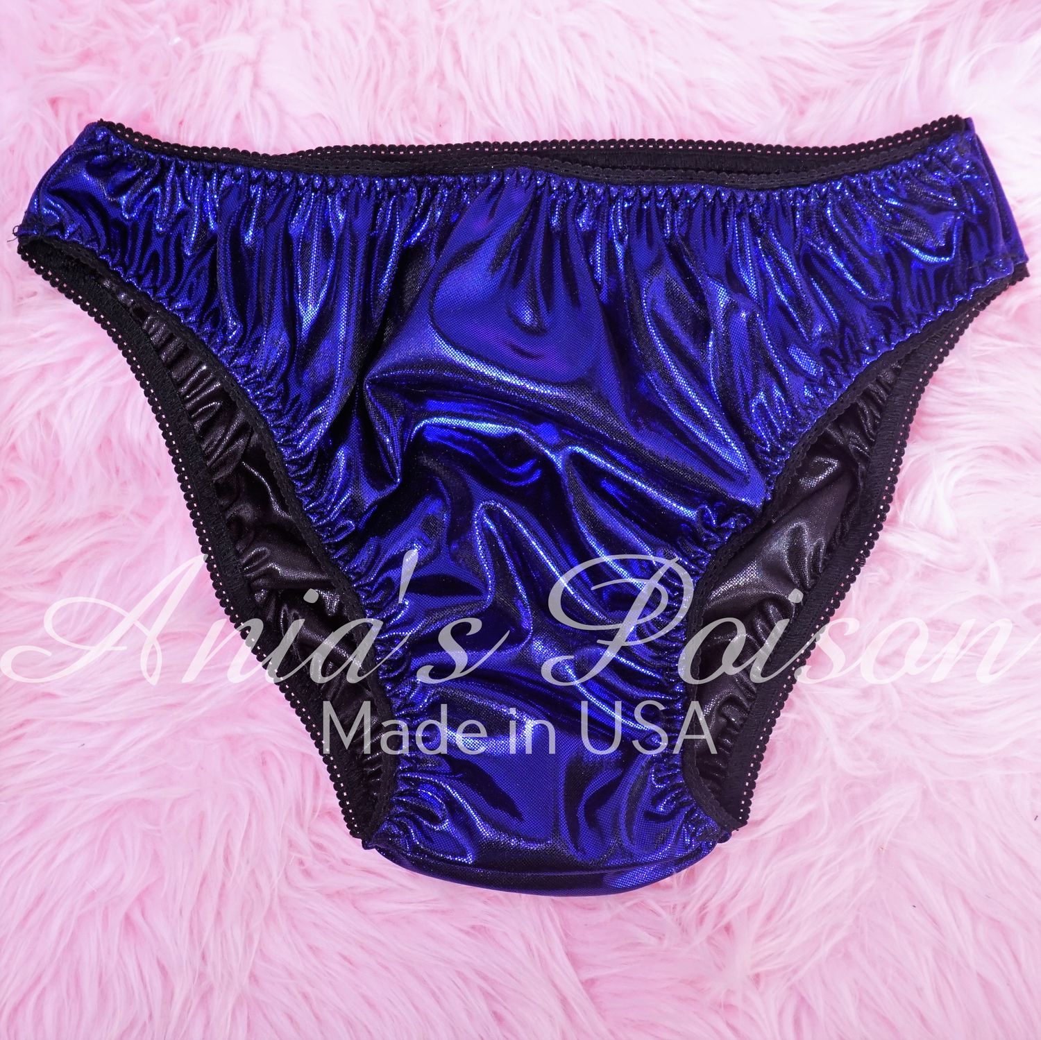 Anias Poison Full bikini cut Navy BLUE Soft Foil satin lined SISSY metallic panties for men MANTIES sz S - XXL