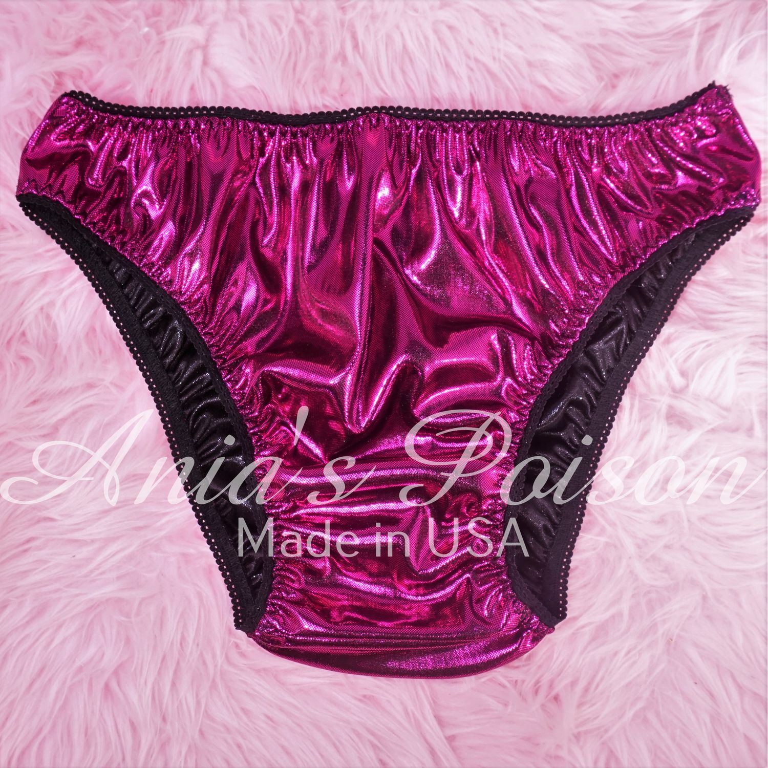 Anias Poison Full bikini cut MAGENTA Soft Foil satin lined SISSY metallic panties for men MANTIES sz S - XXL